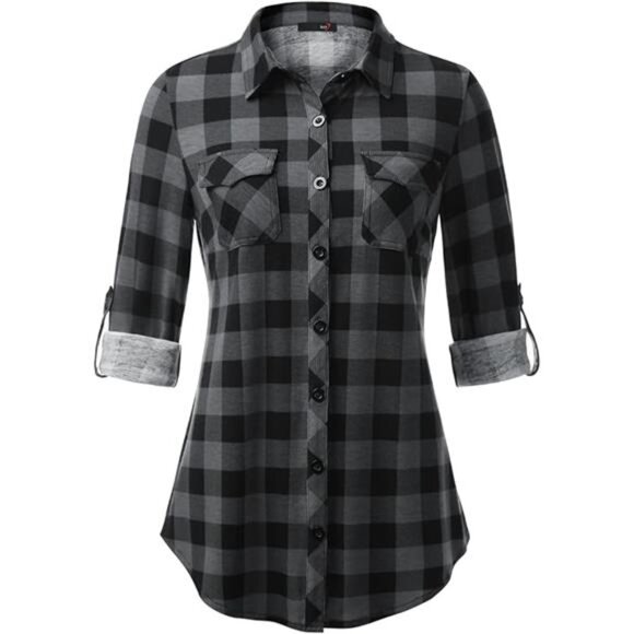 Womens Soft Stretchy Knit Plaid Shirts - Roll‎ Up Long Sleeve Collared Blouses - Picture 7 of 7
